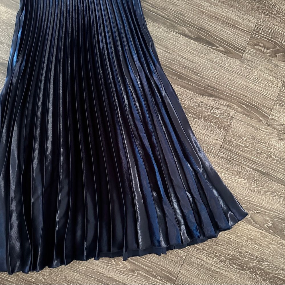 Sandro Navy Blue Pleated Satin Midi Skirt - Picture 3 of 11